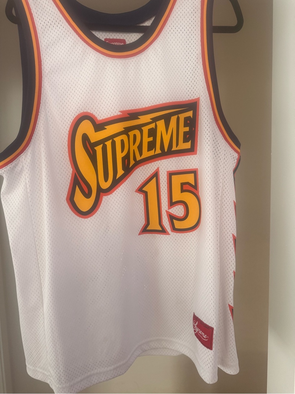 Supreme White Mesh Basketball Jersey with Yellow & Red Logo Large